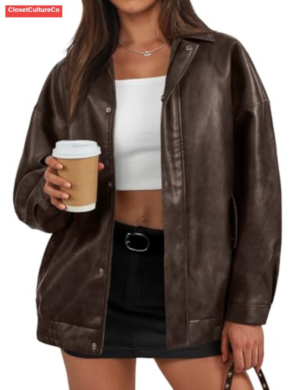 Oversized Faux Leather Bomber Jacket Textured Moto Zip Coat